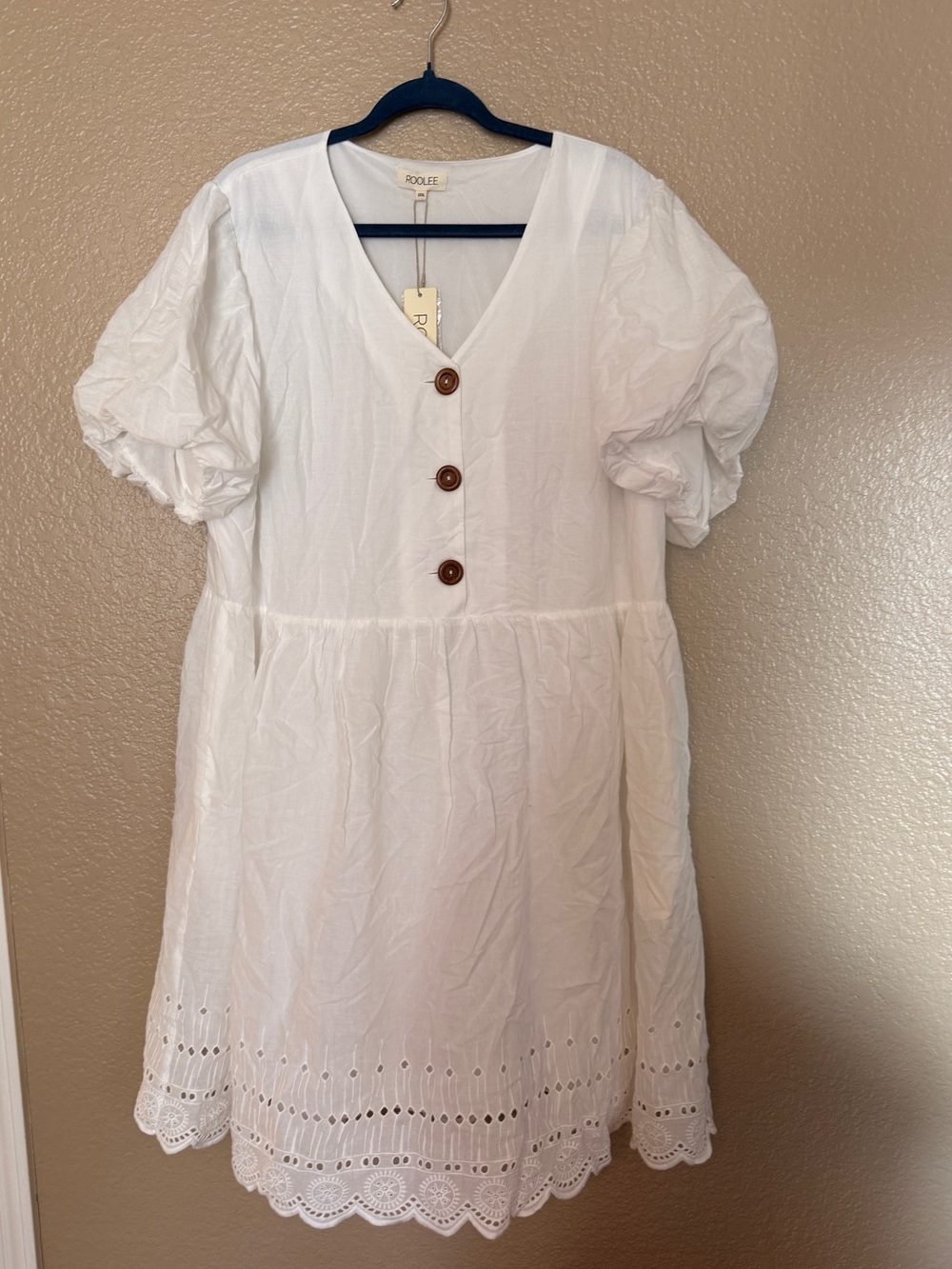 Roolee White Puff-Sleeve Eyelet Hem Dress